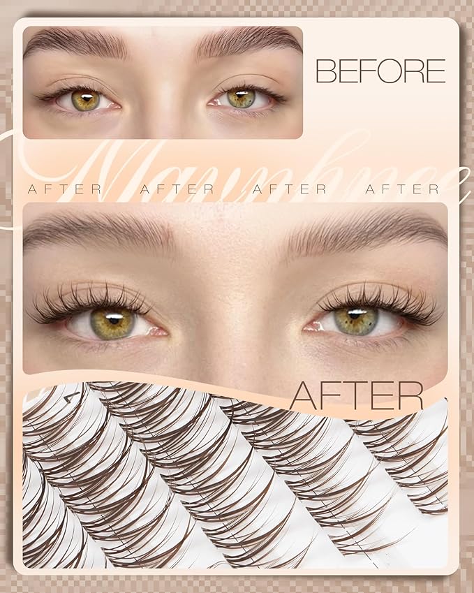 Cat Eye Brown Lash Clusters 8-12MM Natural Eyelash Clusters Pre-Mapped Fairy Cluster Eyelash Extensions Beginner-Friendly Wispy Cluster Lashes CC-Curly Clear Band Individual Lashes Short Extensions