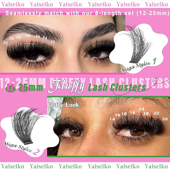 Lash Clusters 100D+200D Thick Eyelash Clusters 16 & 18mm Wispy Individual Mega Volume Lashes D Curl Cluster Eyelash Extensions 280Pcs DIY Lash Extension at Home, by Yaiseiko(Plant Fiber)