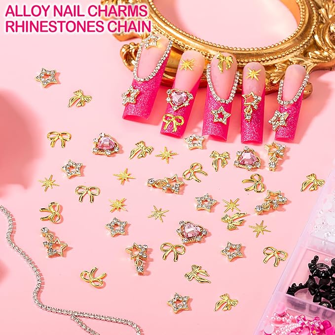 8000pcs 3D Nail Charms and Nail Gems, Cute Nail Rhinestones and Charms Y2K for Nails Nesign, Variety Butterfly Bow Moon Star Flower Junk Case Charms Gold Pearls Nail Jewels for Nail Art Decorations