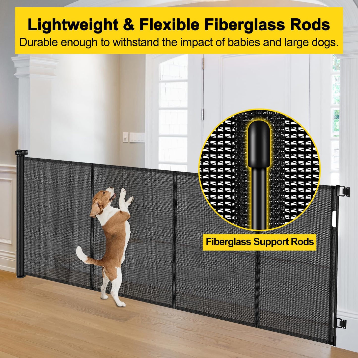 Reinforced 42” Extra Tall x 80” Wide Retractable Baby Gates with Rods to Prevent Crawling Through, Extra Tall Pet Gate for Large Openings Indoor Long Mesh Dog Gate for Stairs and Doorways, Black