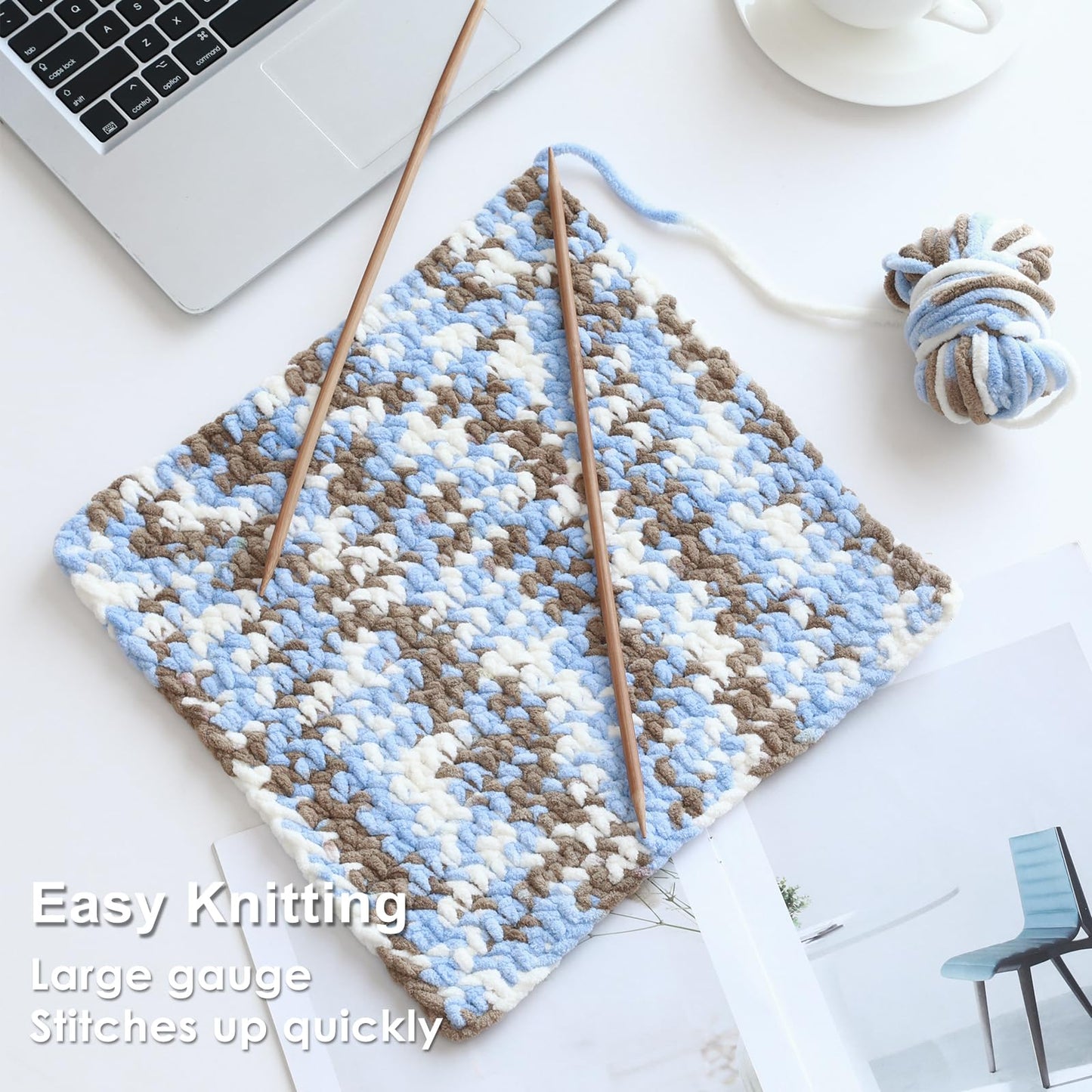 Knyteruna #6 Super Bulky Blanket Yarn for Crocheting - 4 Skeins(Each 10.5oz/300g, 220yds/201m), Chunky Chenille Thick Plush Big Soft Yarn for Crocheting Knitting Blankets, Khaki & Blue & White