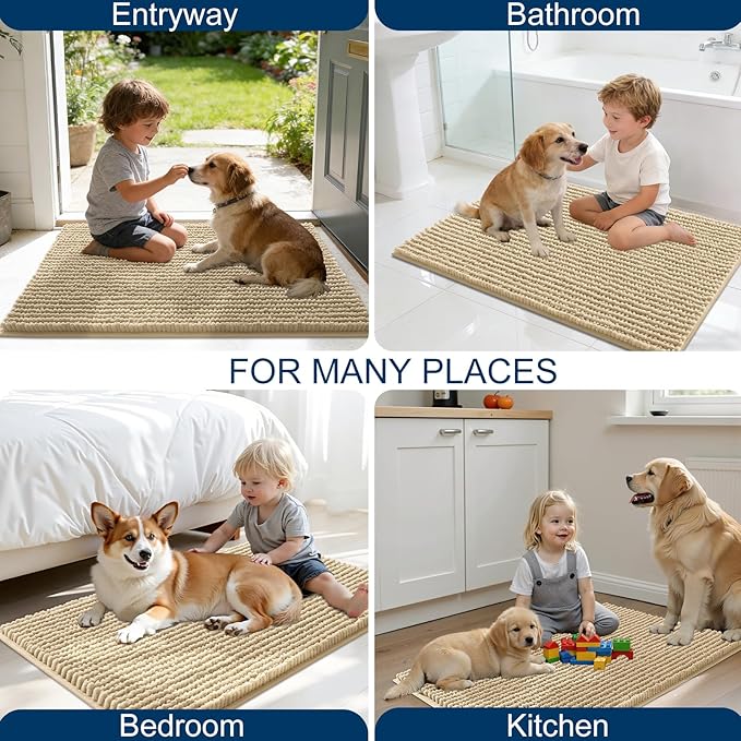 OLANLY Dog Door Mat for Muddy Paws 44x32, Ultra Absorbent Chenille Mud Doormat, Non-Slip Washable and Dirt Trapping Doormat for Indoor Entryway, Quick-Dry Indoor Pet Bed Mats for Dogs, Beige