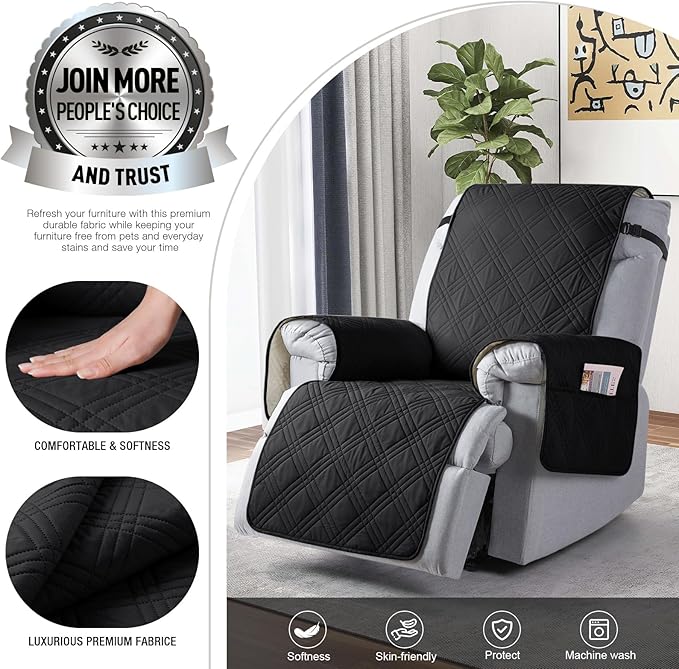 TAOCOCO 100% Waterproof Recliner Chair Covers, Non Slip Recliner Covers for Recliner Chair with Pocket, Washable Reclining Chair Cover Furniture Protector for Kids,Dogs(25'', Black)