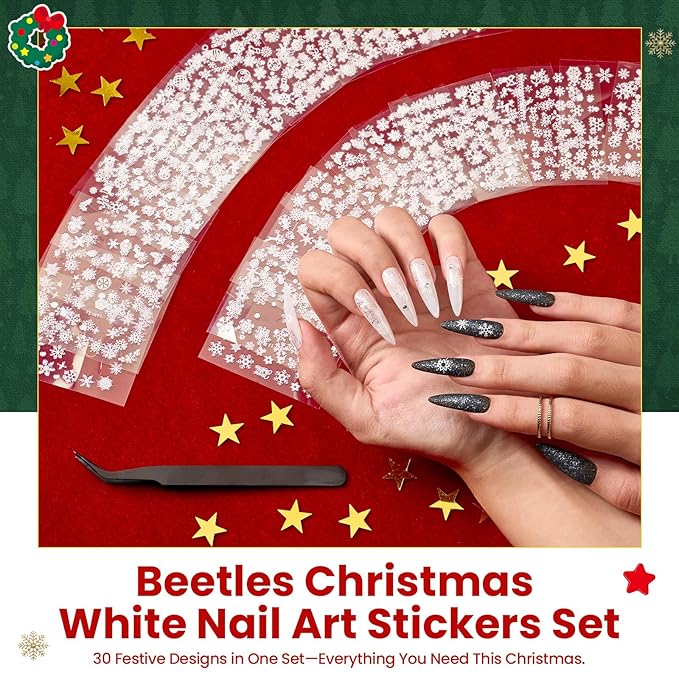 Beetles Snowflake Nail Art Stickers 30 Sheets 3D Nail Stickers White Snowmen Santa Claus Elk Nails Supplies DIY Decals for DIY Decoration Nails Art