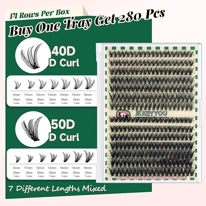 KEYYOU DIY Lash Extension Kit 280pcs Individual Lashes D Curl Eyelash Extension Kit 40D50D 9-16MIX Lash Clusters with Bond and Seal and Lash Applicator for DIY at Home(40D50D-0.07D-9-16MIX)