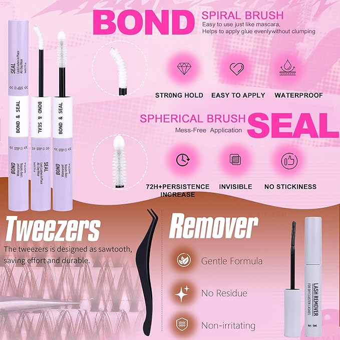 Geeneiya BROWN FLORA Lash Clusters Kit DIY Lash Extension, 8-18MM Wispy Lashes Clusters, Invisible Soft Band Eyelash Extension Kit with Waterproof Lash Bond and Seal, Lash Remover, Tweezers