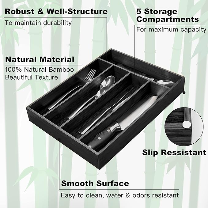 Besilord Bamboo Silverware Holder - Drawer Organizer with 5 Slots (Black)