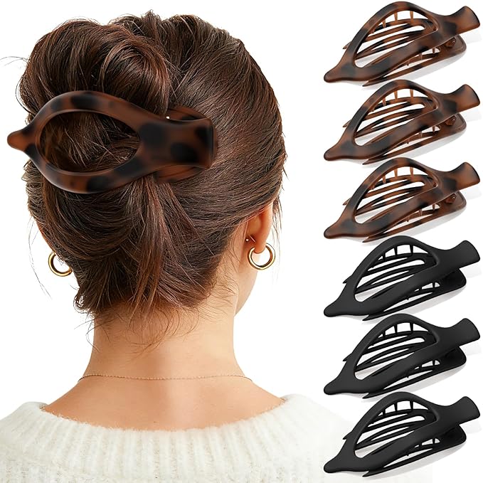 6 PCS Large Flat Hair Clips for Women, French Concord Lay Down Flat Claw Clips for Thick Thin Hair, Comfortable Curved Hair Clip, Matte Non-slip Strong Hold Hair Accessories, Tortoise & Black