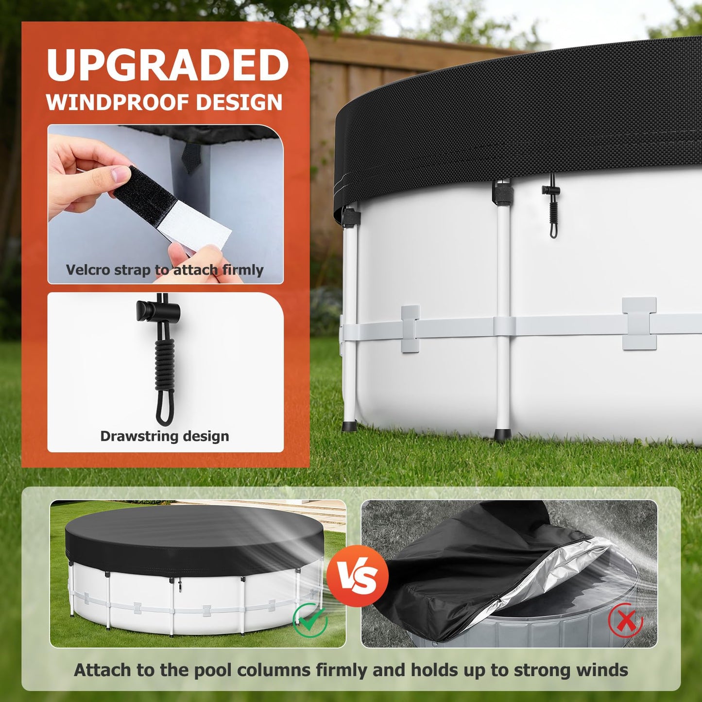 14 Ft Round Pool Cover for Metal Frame Above Ground Pools - Upgraded Windproof Design Compatible with Intex/Bestway Frame Above Ground Outdoor Swimming Pool (Black)