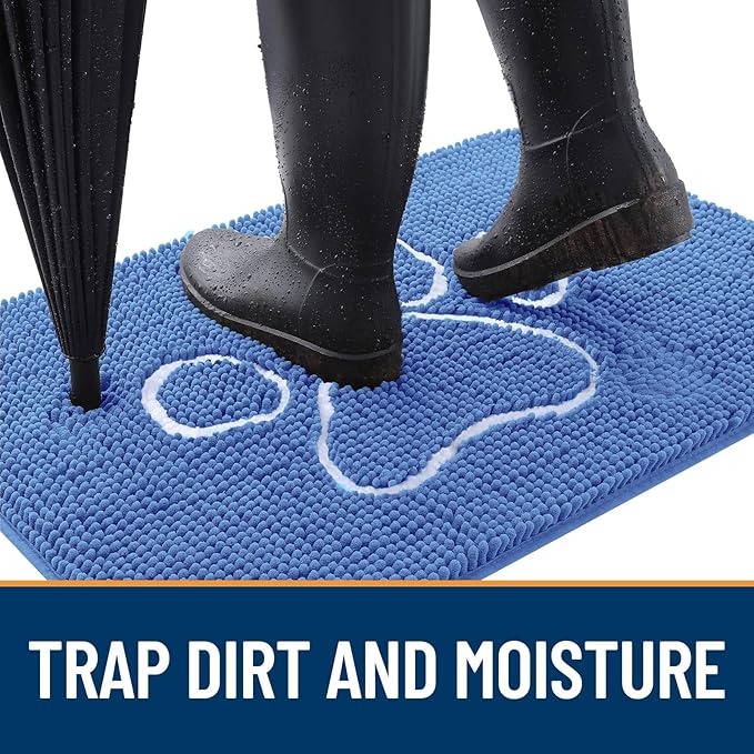 OLANLY Dog Door Mat for Muddy Paws 30x20, Paw Print Design, Absorbs Moisture and Dirt, Absorbent Non-Slip Washable Doormat, Quick Dry Chenille Mud Mat, Entry Indoor Entryway Carpet, Cornflower Blue