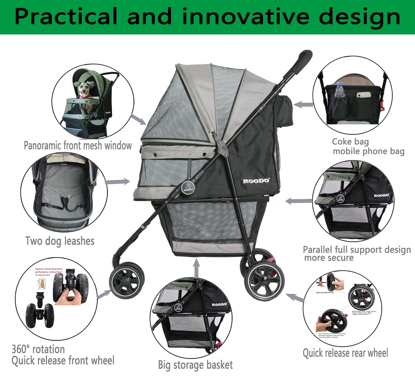 ROODO Escort 3 Wheel Dog Cat Pet Stroller for Small/Medium Dogs Cats Best Lightweight Foldable Portable Compact Jogger All Terrain Travel Pet Gear System Puppy Doggie Bunny Kitty Stroller(Grey)