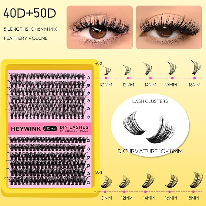 DIY Lash Extension Kit Volume Lash Clusters 40D+50D Individual Lashes Lash Clusters Kit Thick Eyelash Extension Kit Thin Band Lashes Cluster Lash Bond and Seal Tweezers(40D+50D 10-18MM Kit)