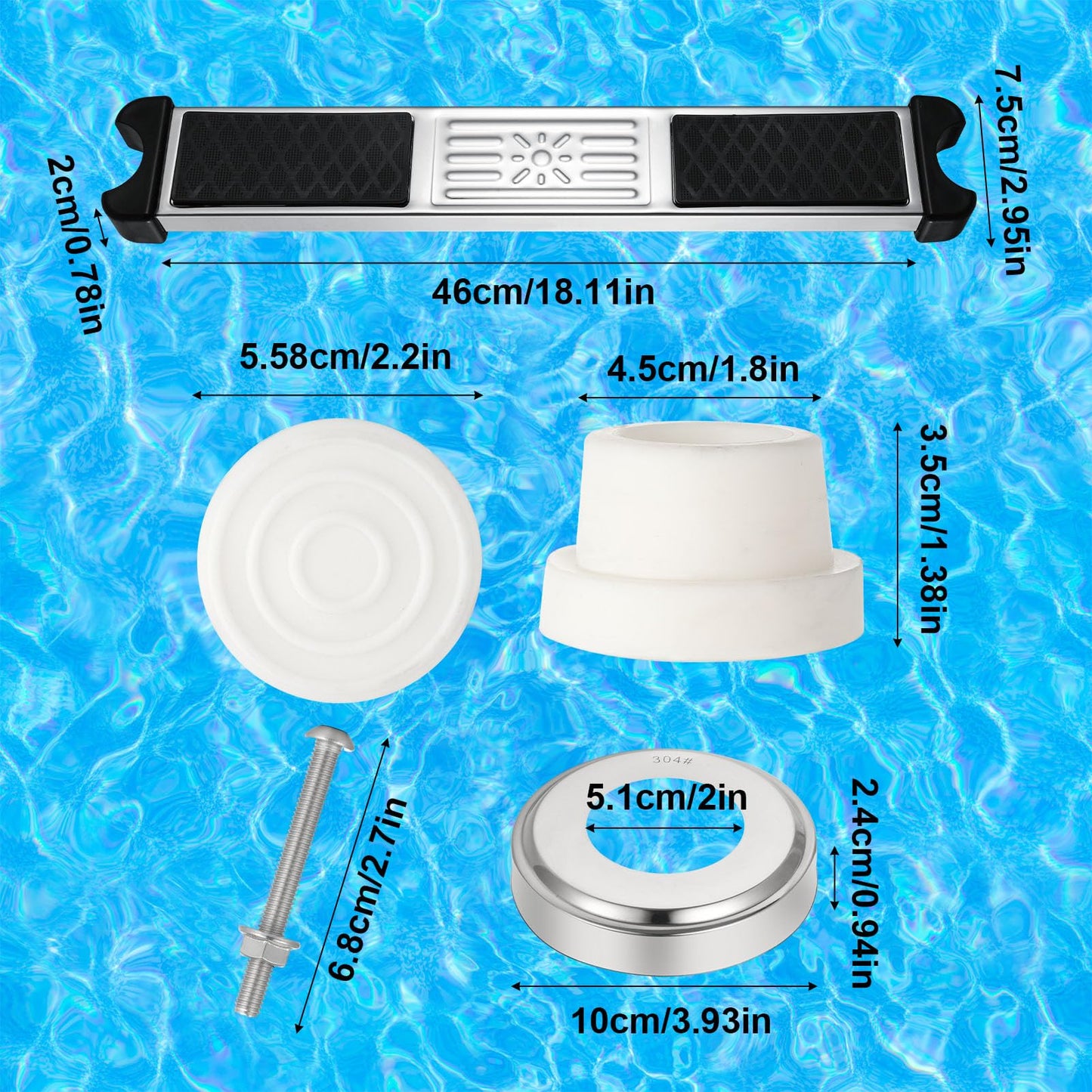 XLSXEXCL 3 Pack Stainless Steel Swimming Pool Ladder Steps with Pool Ladder Bumpers & Pool Ladder Escutcheon Plates, 18'' Heavy Duty Replacement Pool Ladders for Inground Swimming Pools