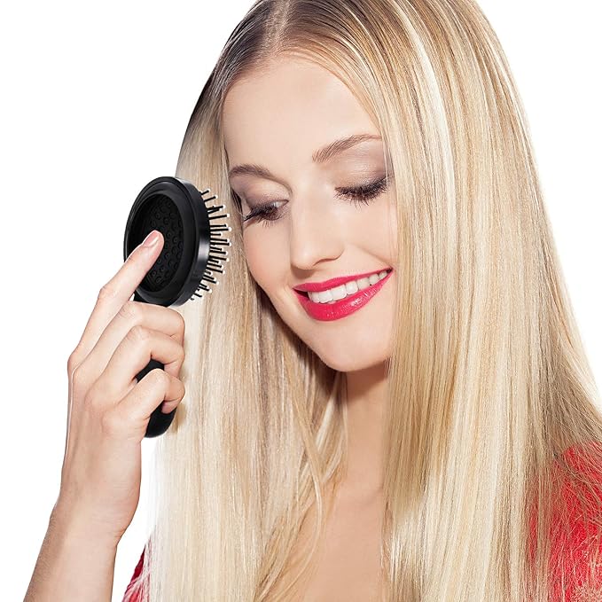 Boao 2 Pack Foldable Travel Mirror Hair Brushes Round Portable Folding Pocket Hair Brush Mini Comb Compact Travel Size Massage Comb for Men Women(Black,Round)