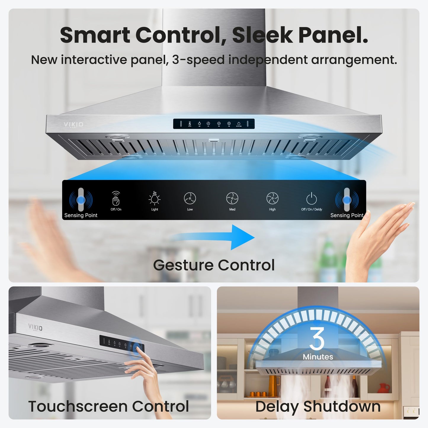 VIKIO HOME 30 Inch Island Range Hood, 390 CFM kitchen Hood with Dual-Sided Touch/Gesture Control, Convertible Ducted/Ductless, Ceiling Mount, 3 Stainless Steel Baffle Filters, 3-Speed Fan