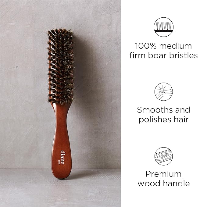 Diane Premium 100% Boar Bristle Styling Brush for Men and Barbers – Medium Bristles for Thick Coarse Hair – Use for Detangling, Smoothing, Wave Styles, Soft on Scalp, Restore Shine and Texture