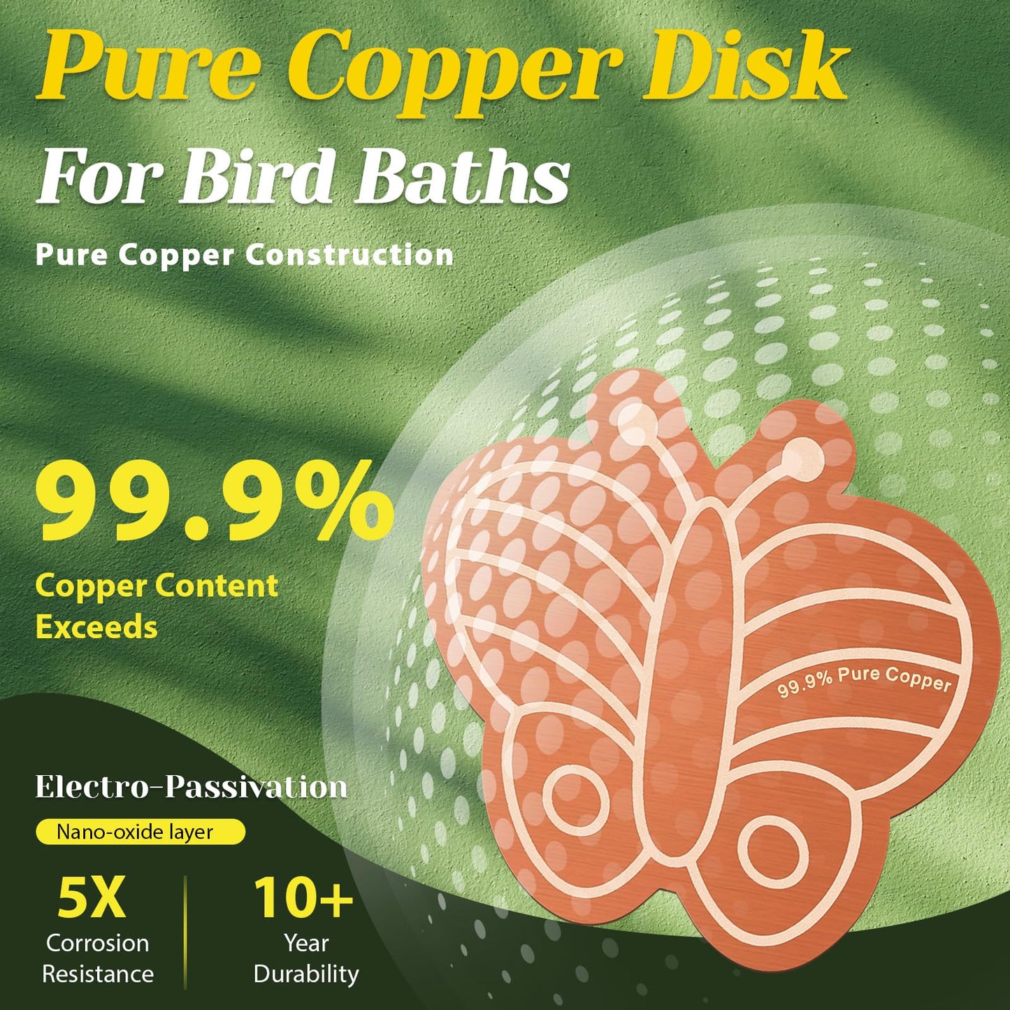 3Pcs Bird Bath Copper Purification Disk 99.99% Pure Copper Water Cleaning Discs 0.6mm Physical Clean Water for All-Season Universal Natural Fit for Outdoor Birdbaths, Bowls, Garden Fountain(Butterfly)