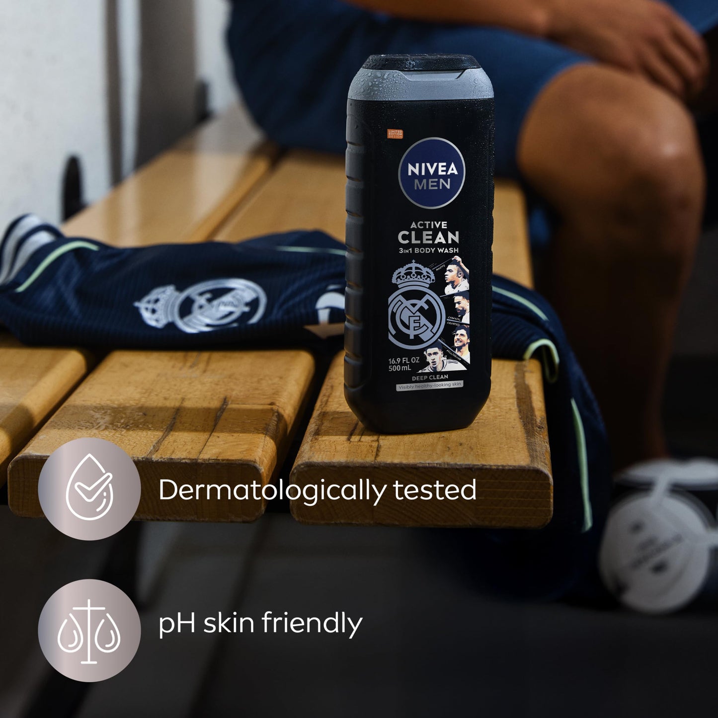 NIVEA MEN Real Madrid Limited Edition Design Active Clean Body Wash with Natural Charcoal for Normal to Oily Skin, 3-in-1 Charcoal Body Wash, Face and Hair, 16.9 Fl Oz Bottle, Pack of 3