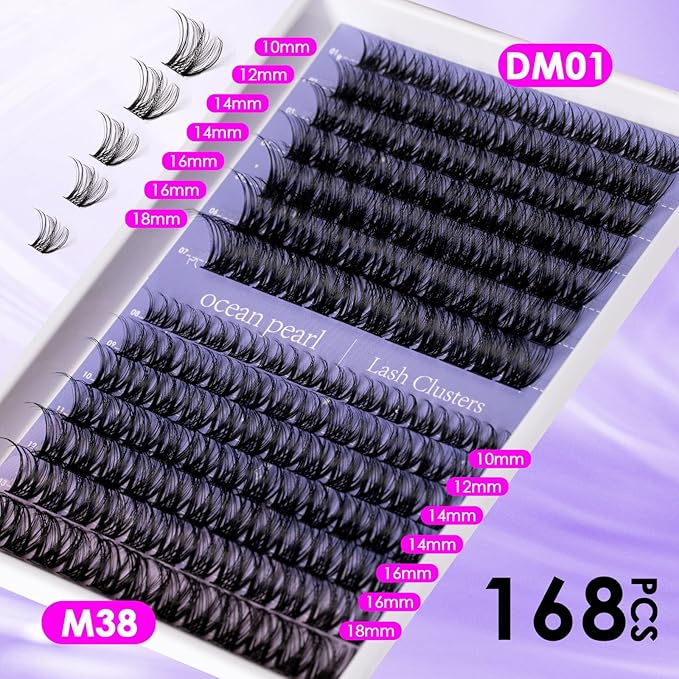 Ocean Pearl Lash Clusters Kit 168pcs 10-18mm manga/anime-inspired lashes clusters,spike-effect cluster lashes,Eyelashes,DIY Cluster Eyelash Extensions kit with lash bond+seal+remover+tweezers-DM01+M38