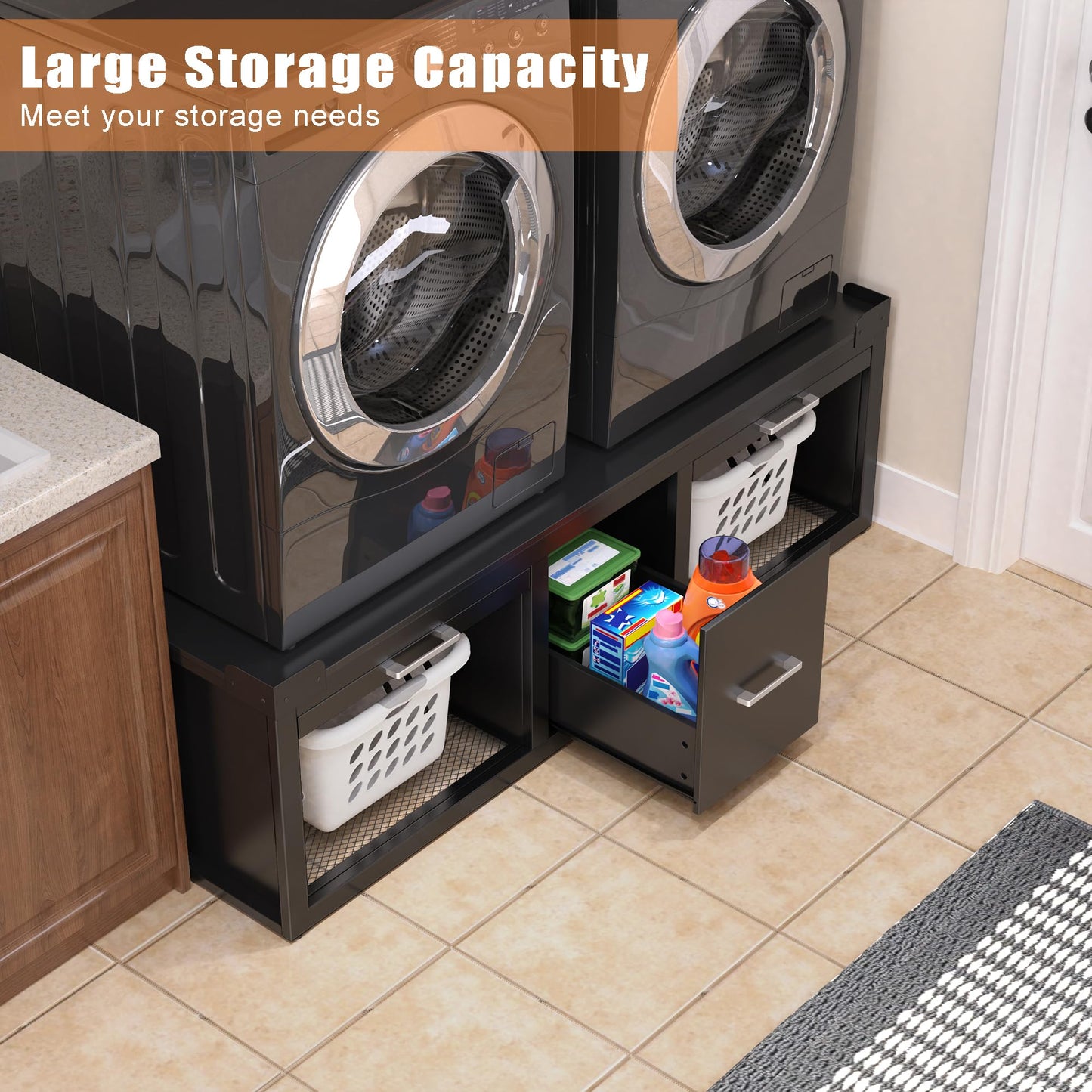 GDLF Washer and Dryer Pedestals, Universal Fit Washer and Dryer Stand with Pull-Out Shelf, 58.1"x29.1"Laundry Pedestal with Storage, 800LBS Capacity，Black