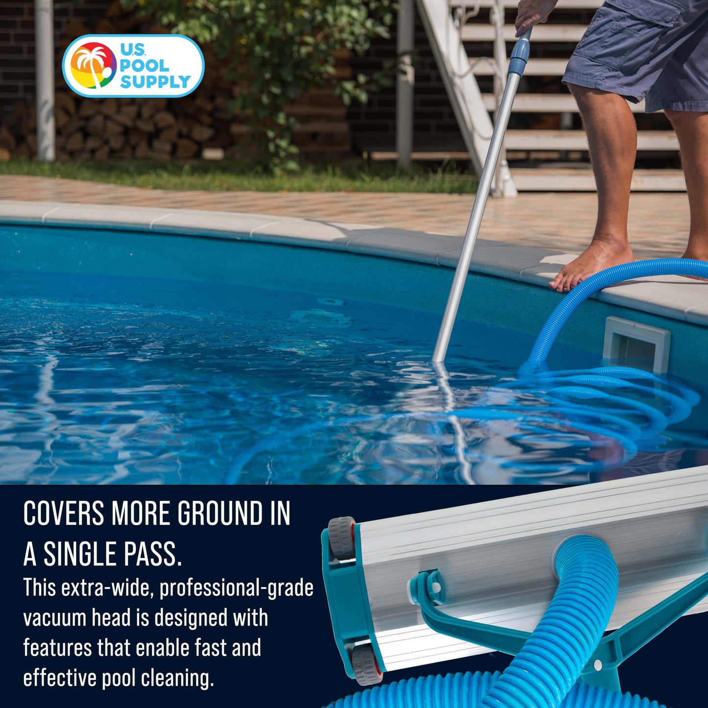 U.S. Pool Supply Heavy-Duty 17.5" Weighted Pool Vacuum Head with Aluminum Body - 5.6 lb Manual Inground Vacuum Head, Scrub Bristles, 1-1/2" Swivel Hose Connection - Concrete Pools, Clean Floor, Walls