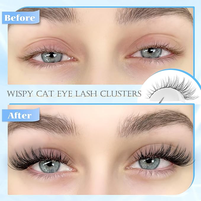 PHKERATA Wispy Lash Clusters Natural Eyelash Clusters 7-15 mm C Curvature Eyelash Clusters Lashes 144 pcs Wispy Cat Eye Individual Lashes Clusters DIY Eyelash Extensions