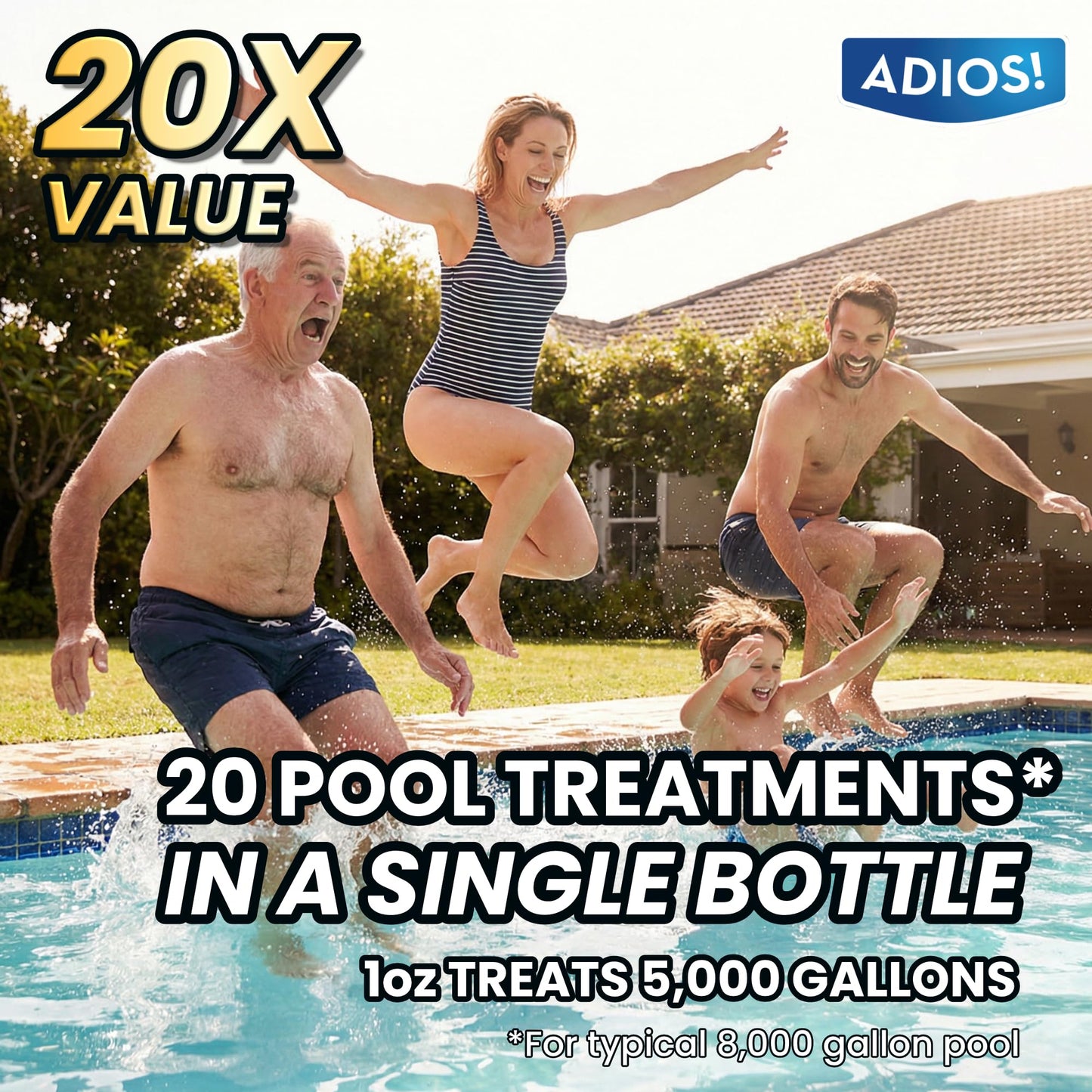 Adios! 20X Pool Cleaner and Clarifier – Restores Cloudy and Hazy Water for Above Ground and Inground Pools – Twenty Treatments per 32oz Bottle