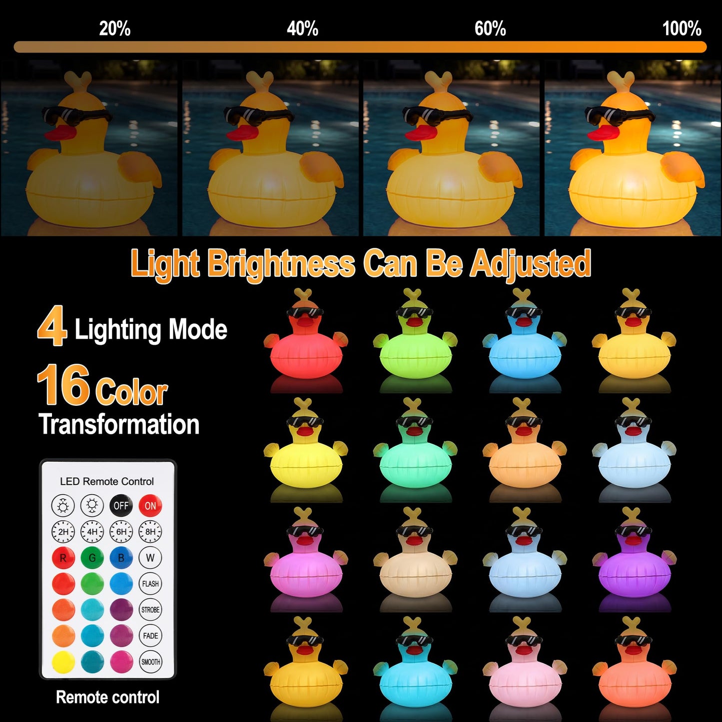 CetusLink Solar Floating Pool Lights, RGBW Color Changing 12-LED 20H Runtime with Remote, Pool Party and Garden Pond Decor, Cool Sunglasses Duck 2-Pack