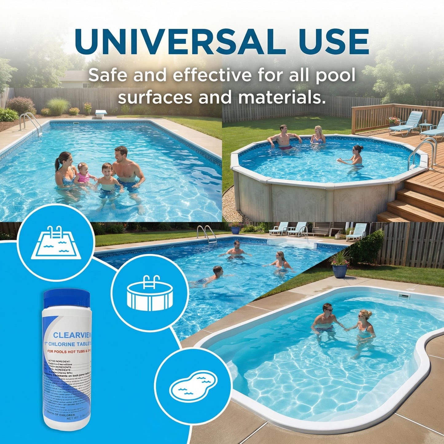 ClearView Stabilized Chlorine Tablets 1 Inch 2 Lbs for Pools, Slow-Dissolving 1" Chlorinating Tablets Sanitizer for Spas and Hot Tubs