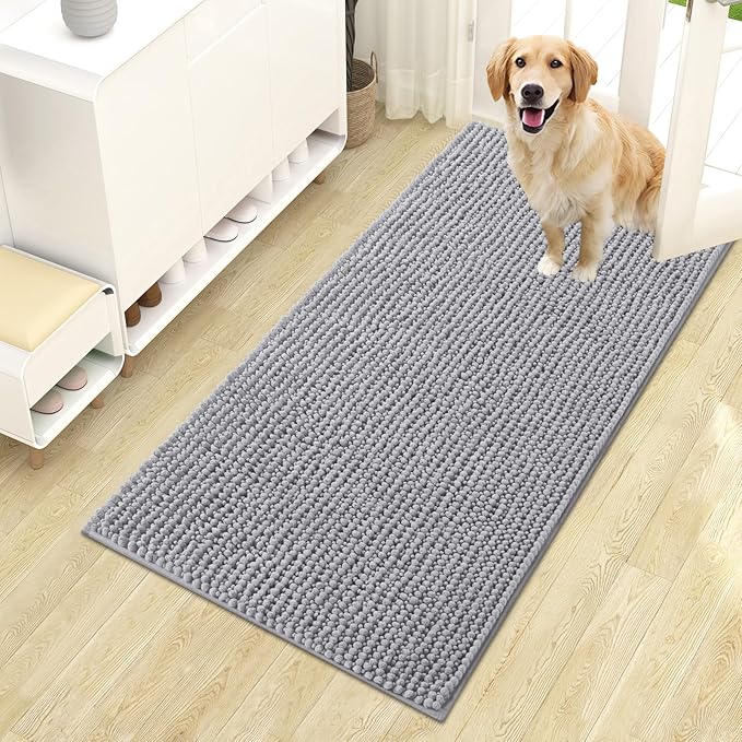 OLANLY Dog Door Mat for Muddy Paws 44x24, Ultra Absorbent Chenille Mud Doormat, Non-Slip Washable and Dirt Trapping Doormat for Indoor Entryway, Quick-Dry Indoor Pet Bed Mats for Dogs, Light Grey