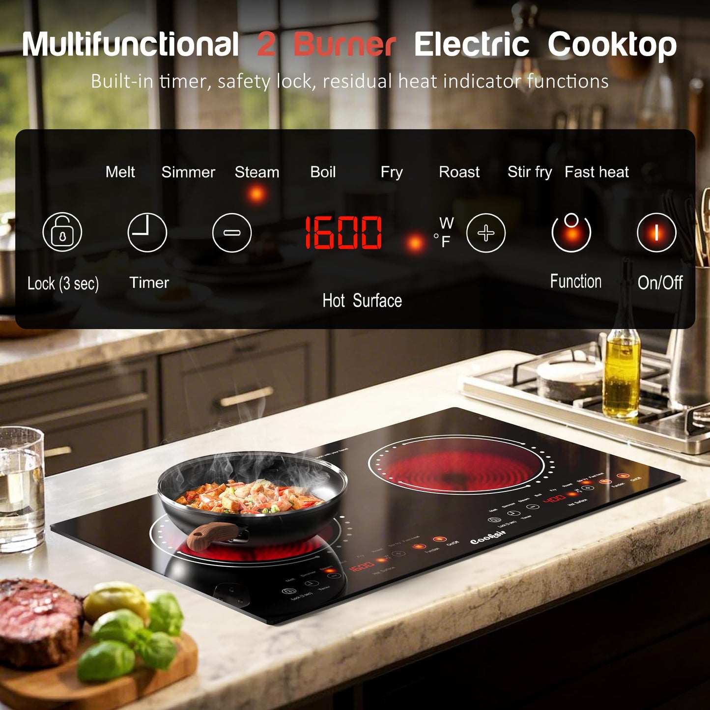 Cooksir 2 Burner Electric Cooktop - 24 Inch(23.6"x 13.8") Built-in & Countertop Electric Stove Top, 120V Double Burner Ceramic Cooktop Portable with Safety Lock, Timer, Touch Control, 110V Plug in