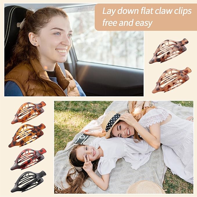 6 Packs Flat Claw Clips for Women, French Tortoise Shell Flat Hair Clip, Matte Hair Claws Clip for Thin Thick Hair, Lay Down Claws Clips, Durable Strong Hold Hair Clip, Valentine's Day Gifts
