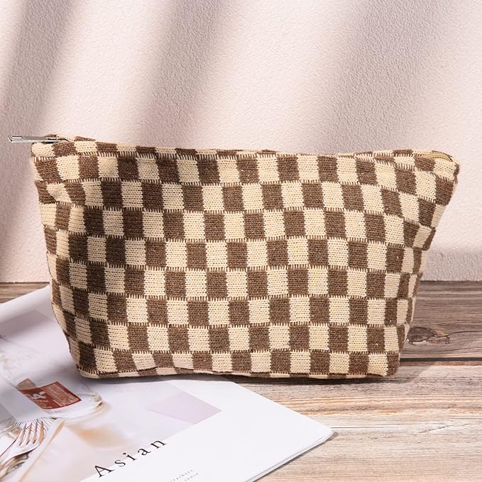SOIDRAM 2 Pieces Makeup Bag Large Checkered Cosmetic Bag Capacity Canvas Mix Travel Toiletry Bag Organizer Cute Makeup Brushes Aesthetic Accessories Storage Bag for Women, Checkered Mix Brown