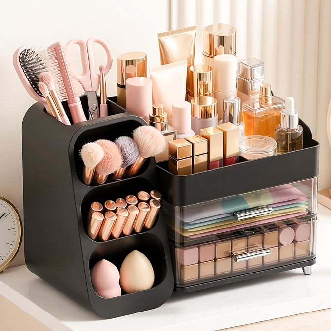 Large Capacity Makeup Organizer Countertop with Makeup Brush Holder for Vanity, Thickened Material, Bathroom Countertop Organizer Skin Care Perfumes Storage, Teen Girl Gifts for 12-23 YearÃ¯Â¼ÂblackÃ¯Â¼Â