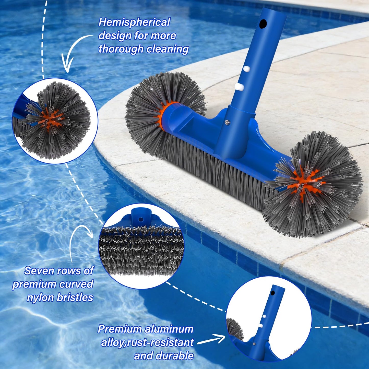 Swimming Pool Cleaning Kit Including 12.5 in Pool Brush Head,Ultra Fine Mesh Pool Leaf Skimmer Net with Maximum Length 76.5 in Aluminum Pole for Remove Debris and Dirt