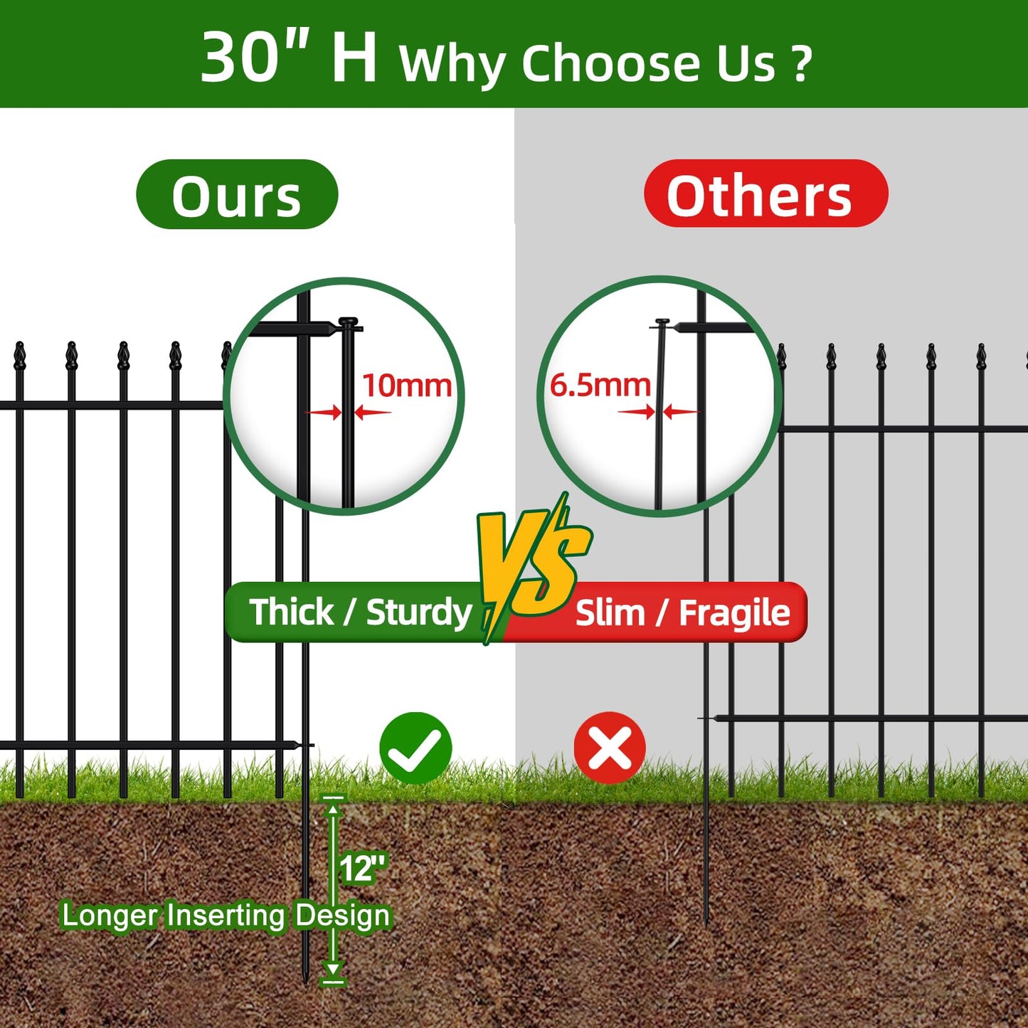 FOREHOGAR Metal Garden Fence 30 in H x 16 ft L, Border Fences Panels Animal Barrier for Dogs, No Dig Garden Fencing for Yard Patio Flower Bed Lawn Outdoor, 8 Panels + 9 Stakes Black
