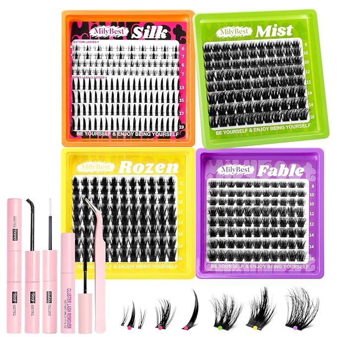 MilyBest 4 Styles Lash Clusters Kit, Silk/Rozen/Fable/Mist Bottom Eyelash Clusters Extensions Mini Boxes with Lash Bond & Seal, Remover and Lash Tweezer Spiky DIY Individual Lashes Extension Kit