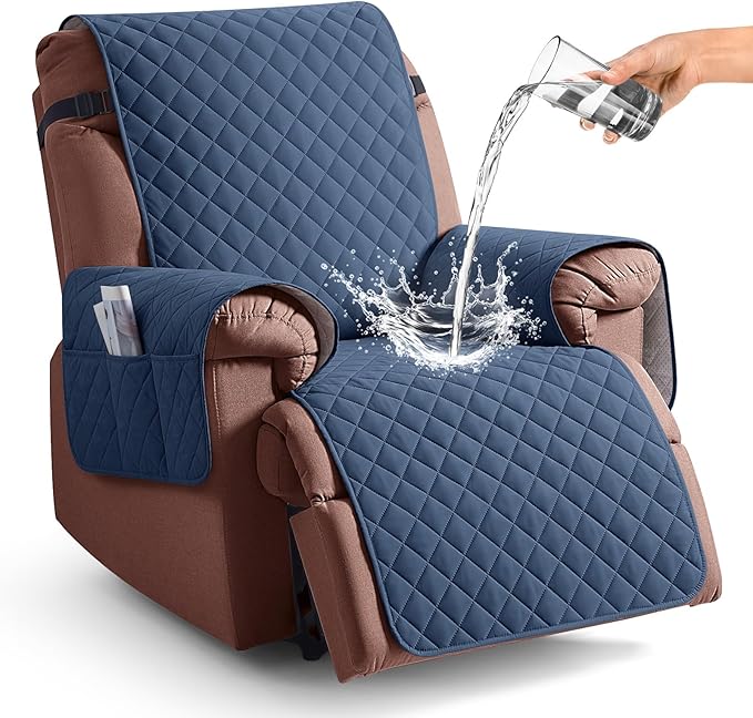 KinCam 100% Waterproof Recliner Chair Cover, Reclining Couch Covers for Pets, Dogs, Recliner Couch Slipcover Furniture Protector with Elastic Straps for Kids(28", Blue)