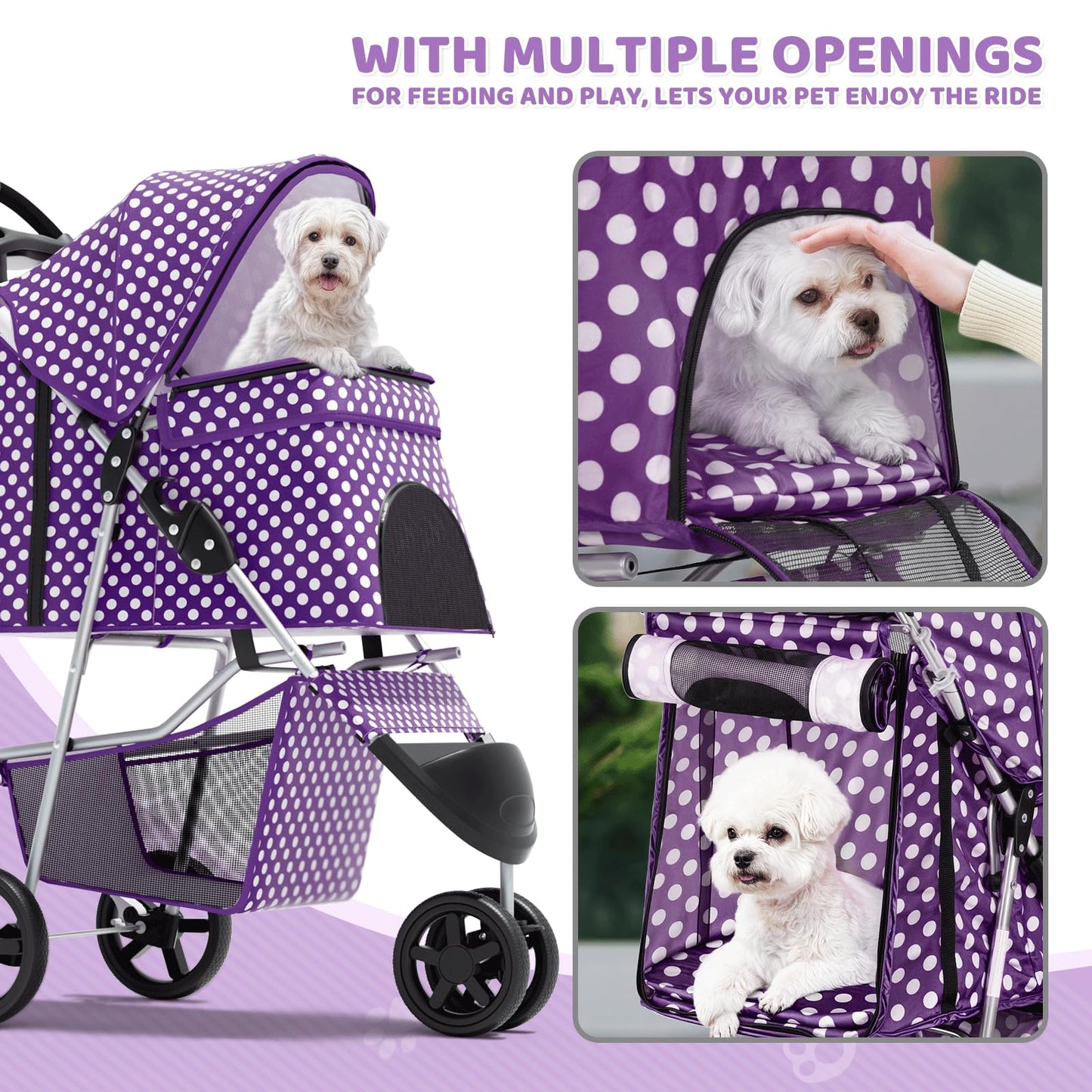 Magshion 3-Wheel Pet Stroller, Foldable Travel Jogger for Small & Medium Dogs & Cats (Up to 33lbs), Lightweight Carrier with Breathable Mesh Cover, Cup Holder & Storage Basket, Purple Polka Dots