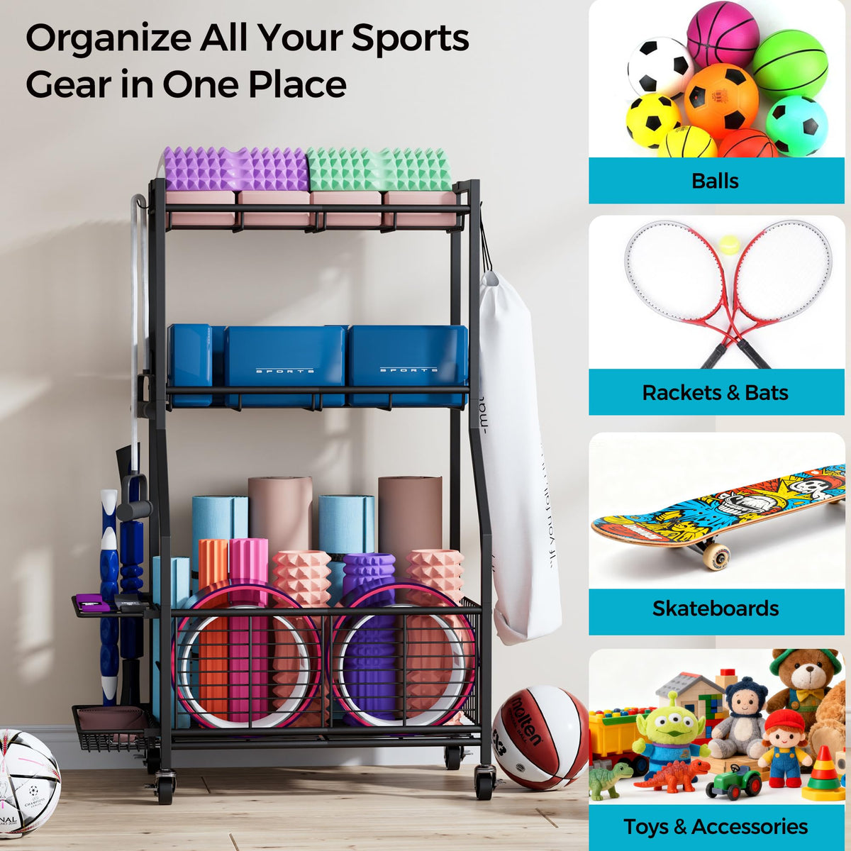 Cerlyunzan Sports Equipment & Toy Storage Rack with Wheels, 3-Tier Ball Organizer for Balls, Rackets & Sports Gear, Large Capacity with Racket Slots & Hooks, for Garage, Home Gym or Backyard – 23" W