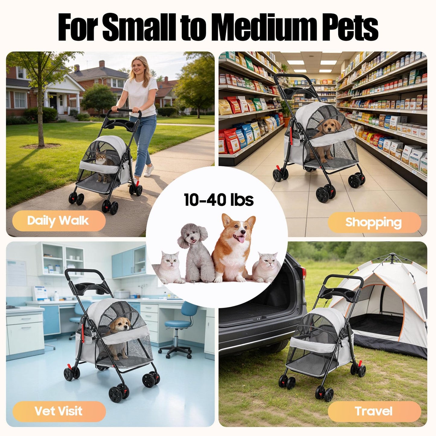 Pet Stroller for Small Medium Dogs Cats, Lightweight Foldable Pet Wagon with 360° Front Wheels & Brake, 40 lbs Capacity Carrier for Park Travel Shopping, Breathable Mesh Basket (Light Gray)