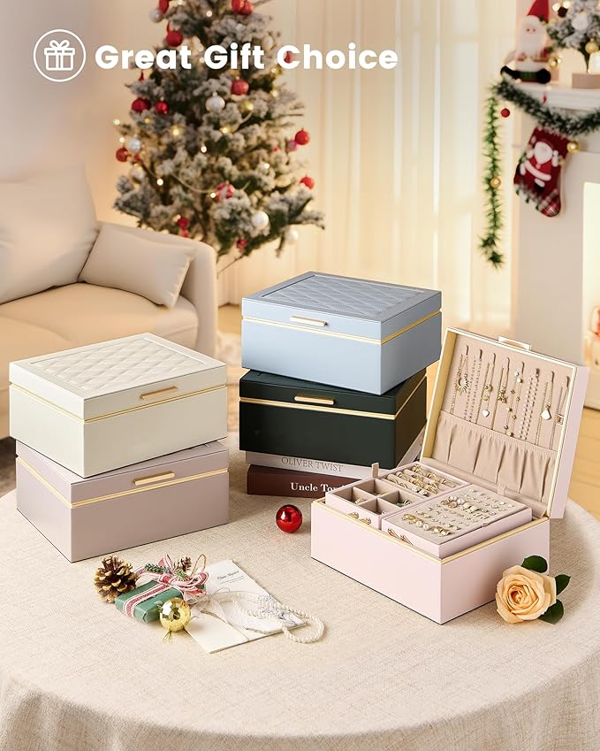 Lolalet Jewelry Box Organizer for Women Girls, 2 Layer Jewelry Organizers and Storage for Necklace Earrings Rings Bracelets, Large Jewellery Holder Case Birthday Valentine Gifts -DarkEmerald