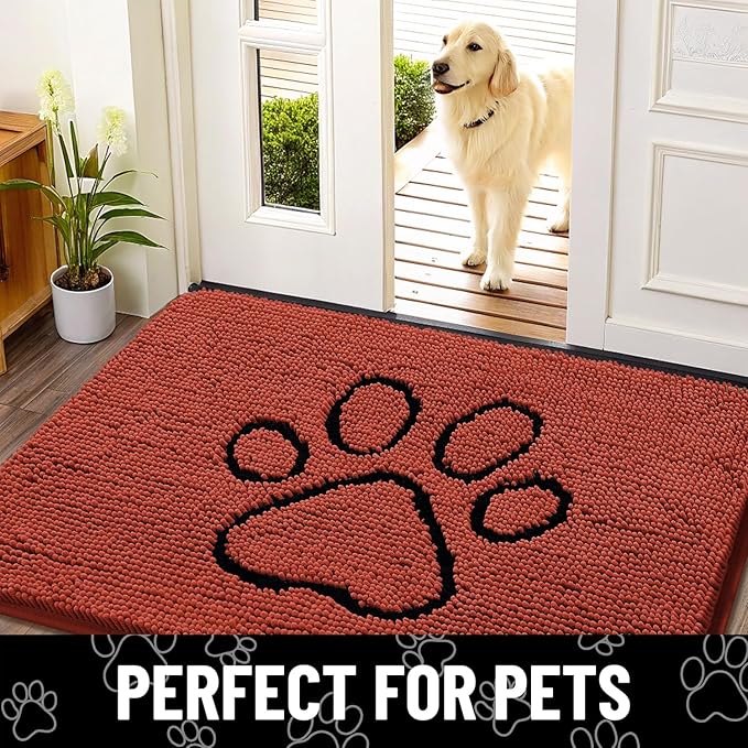 Smiry Dog Door Mat for Muddy Paws, Absorbent Dirt Trapper Non Slip Quick Dry Washable Chenille Mat for Mud Dogs, Entry Rug for Indoor and Outdoor (30x20 Inches, Maple Red and Black)