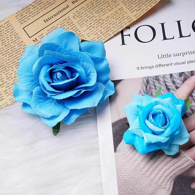 Rose Hair Clip Flower Hairpin Brooch Floral Clips, 4 Pcs Fabric Rose Flowers Hair Clips Mexican Hair Flowers Pin up Headpieces for Woman Girl Wedding Party Mother's Day (Light Blue)