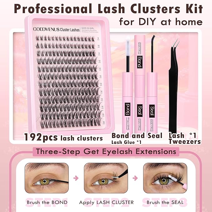 Goddvenus Lash Clusters Kit Wispy Lash Extension Kit Waterproof Lashes Clusters DIY Eyelash Clusters Kit with Natural Individual Eyelashes, Lashes Glue Bond and Seal and Lash Tweezers (D Curl 192pcs)