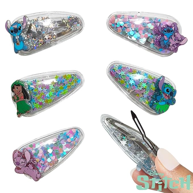 LUV HER Licensed Hair Accessories For Girls, 6pc Cute Hair Clips with Favorite Lilo & Stitch Character Charms, Magical Confetti Hair Clips, Ages 3+