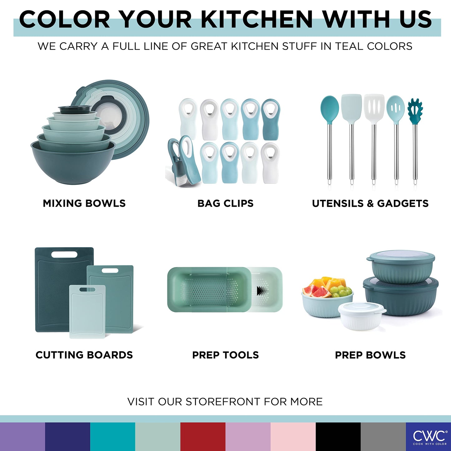 COOK WITH COLOR 4pc Plastic Mixing Bowl Set with Lids (Teal Ombre, 210 ml, 550 ml, 1150 ml, 3500 ml) - Sturdy, Nesting, BPA Free, Dishwasher Safe, Food Safe, Bowls for Cooking and Baking