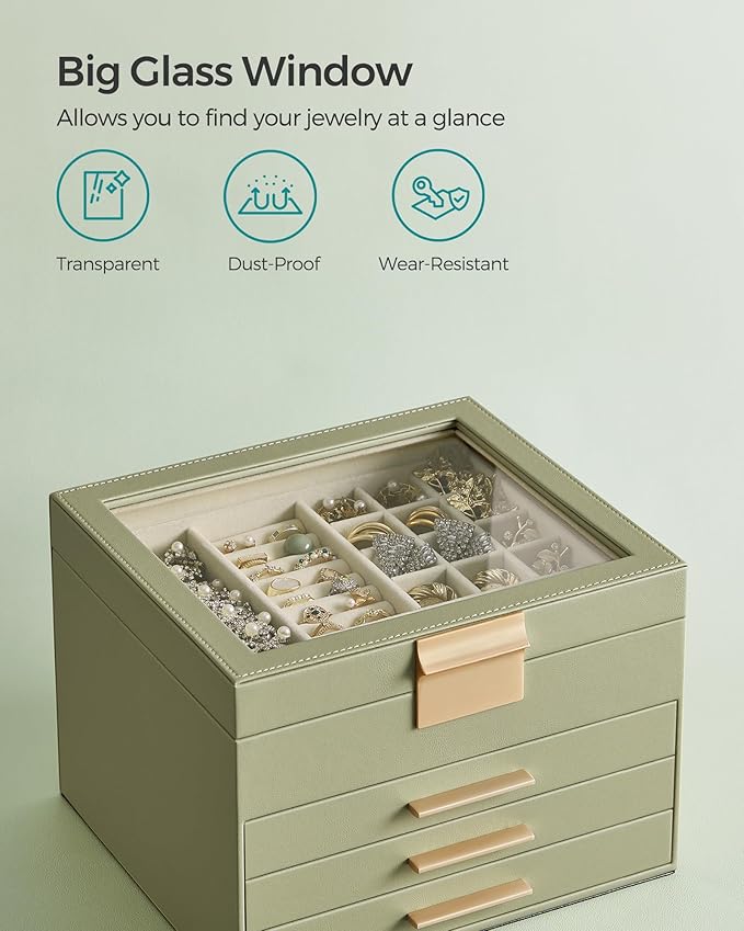 SONGMICS GISELLA Collection - Jewelry Box Organizer, 4-Layer Jewelry Storage with 3 Drawers, Shiny Metal Hardware, Glass Lid, Modern, 8 x 9.1 x 6.5 Inches, Avocado Green and Gold Color UJBC173C02