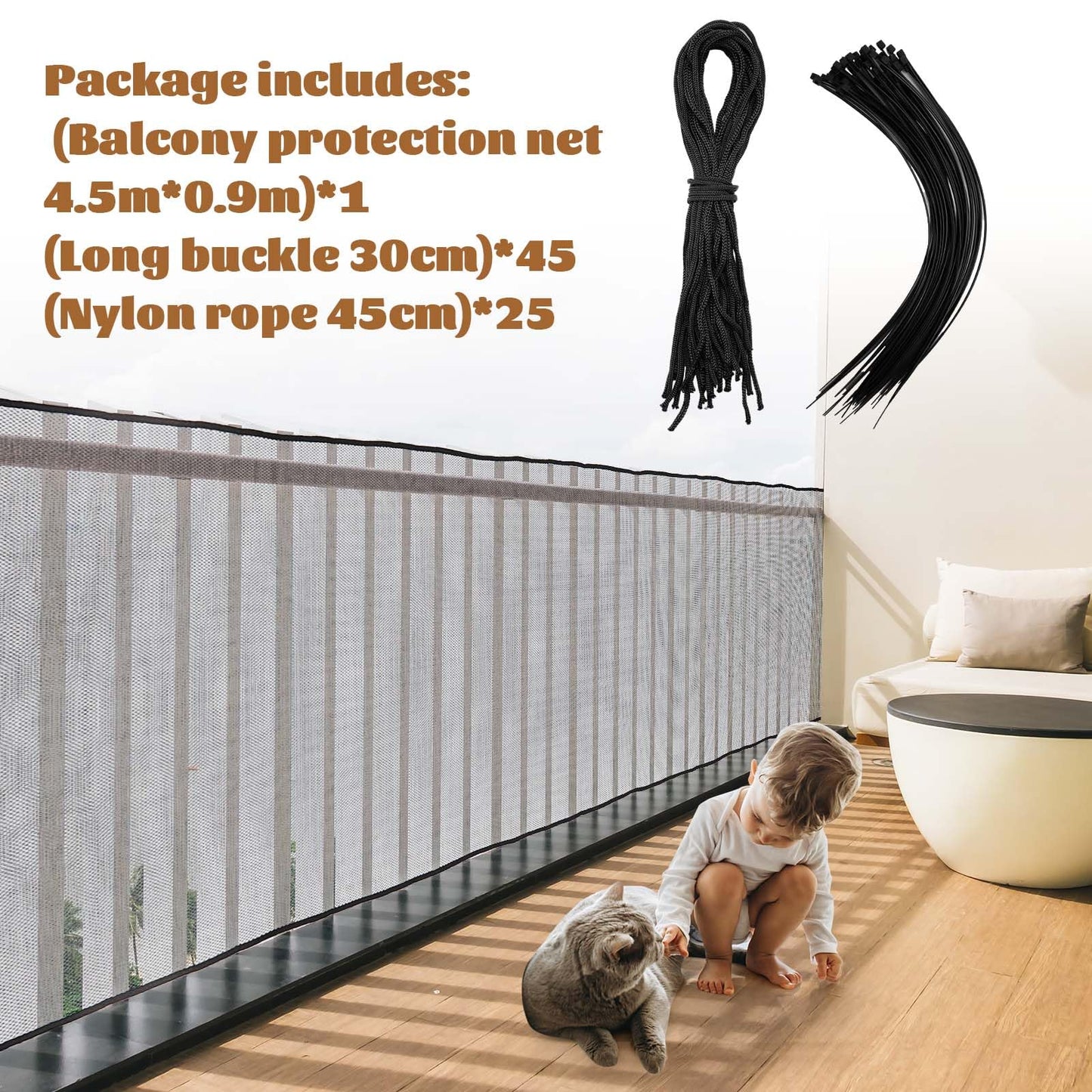 Hosuly Banister Guard 18 x 3 ft Balcony Netting for Kids Pets Stairway Safety Net Baby Fence Door Balcony Netting Safety Mesh Stair Net with No Drilling for Apartment Railing(Black)