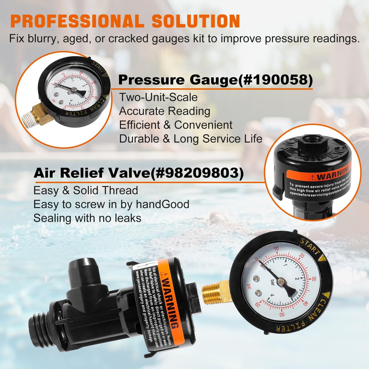 98209800 Manual Air Relief Valve Assembly with Pool Filter Pressure Gauge, Spa Pool Filter Pressure Valve Compatible with Pentair Air Relief Valve Fit for FNS, Clean and Clear, Quad De, 4000 Series
